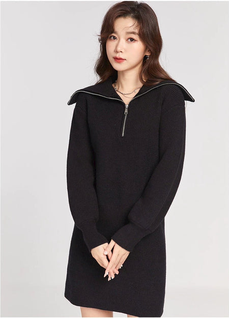 Knit Sweater Dress with Quarter-Zip Collar Detail - nightcity clothing
