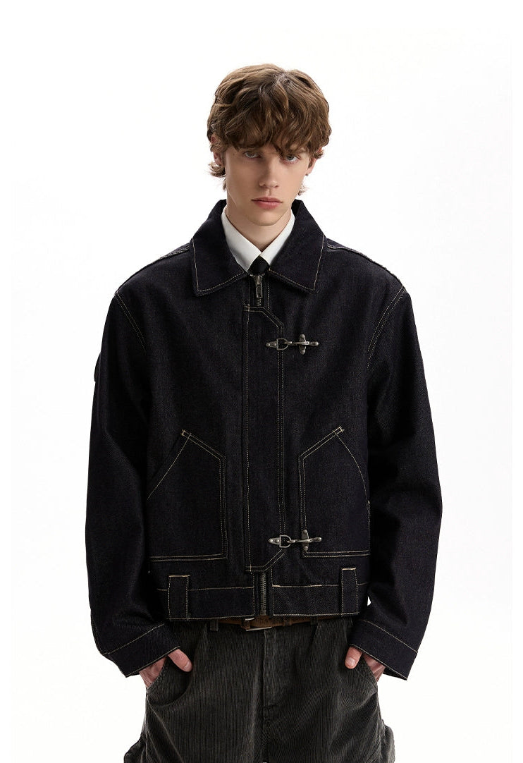 Fireman Clasp Contrast-Stitch Dark Wash Denim Zip Jacket