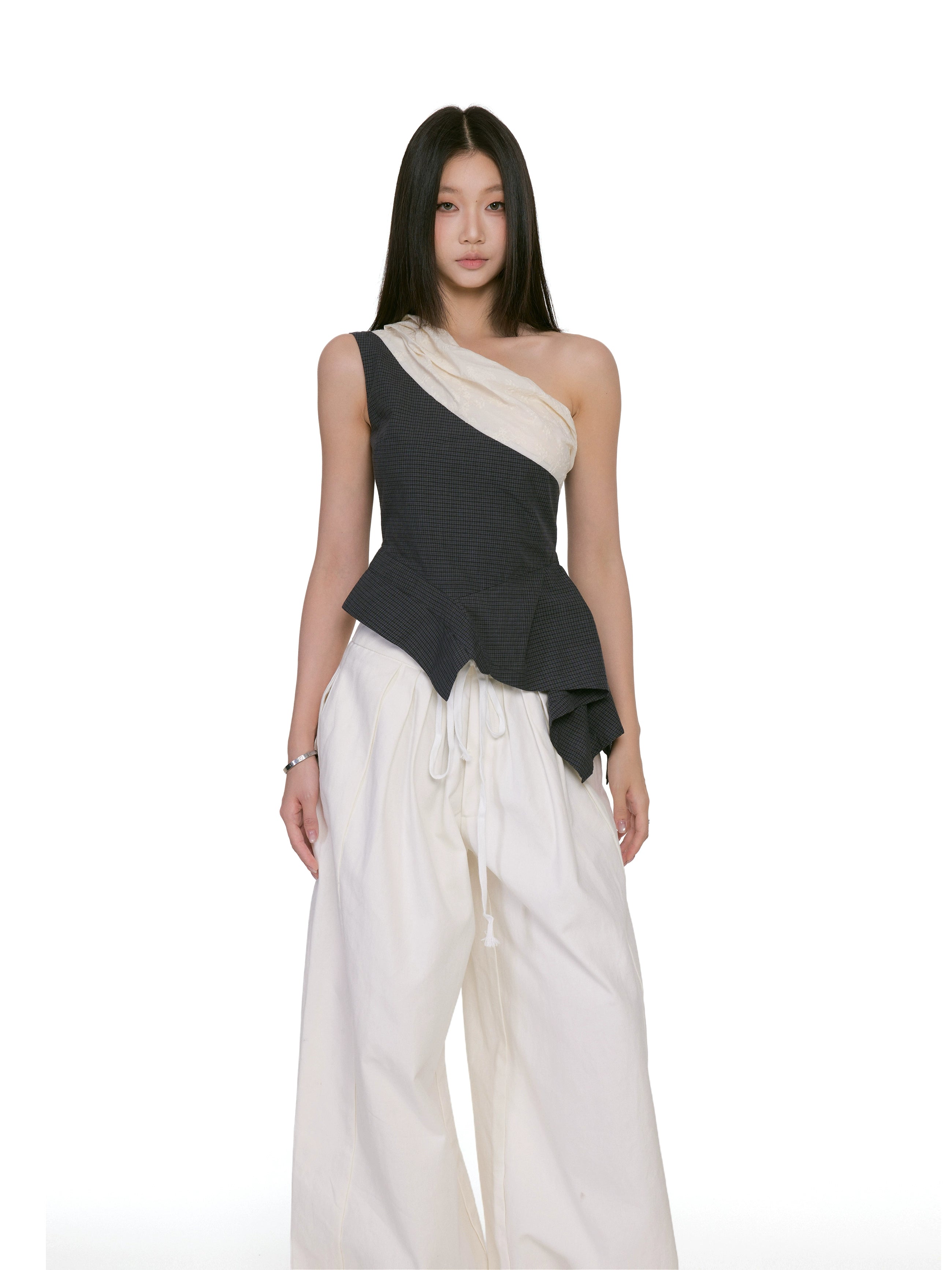 Asymmetric Overlay Draped One-Shoulder Peplum Top