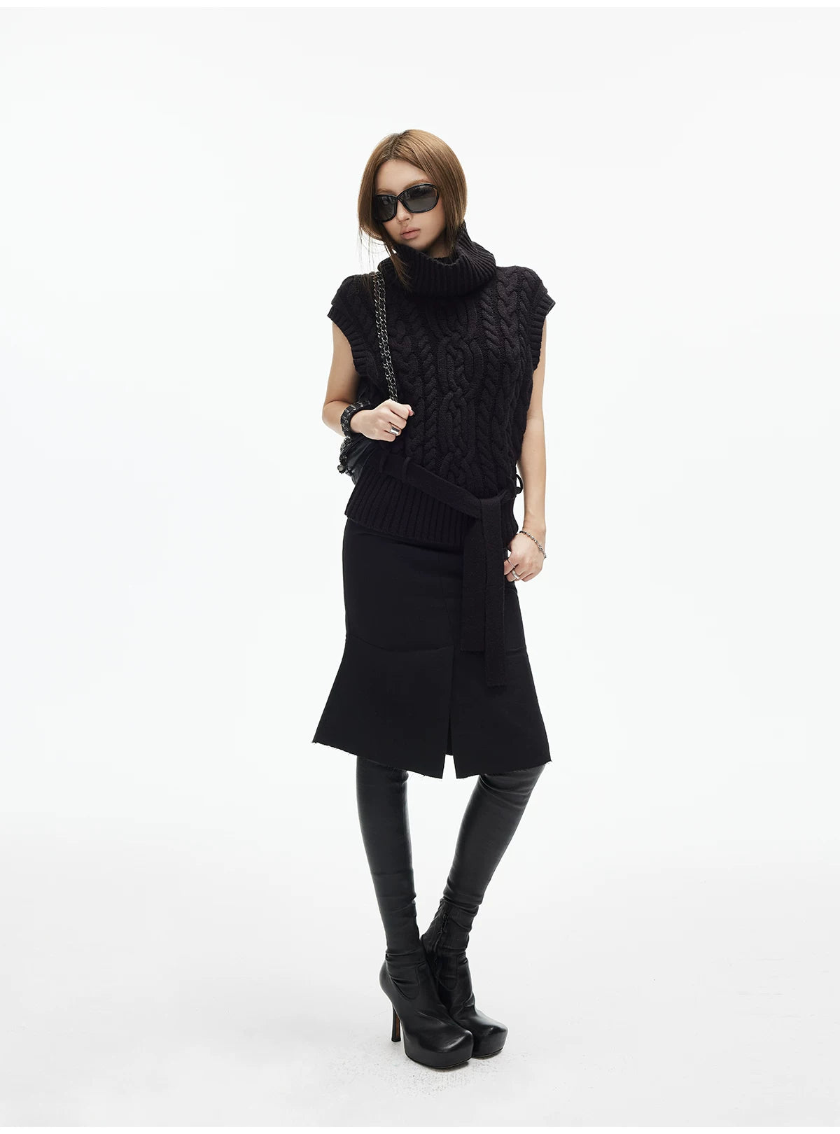 Cable Knit Turtleneck Sweater Vest with Belt - nightcity clothing