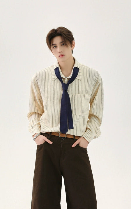 Textured Long Sleeve Button-Up Stripe Shirt with Chest Pocket and Necktie - nightcity clothing
