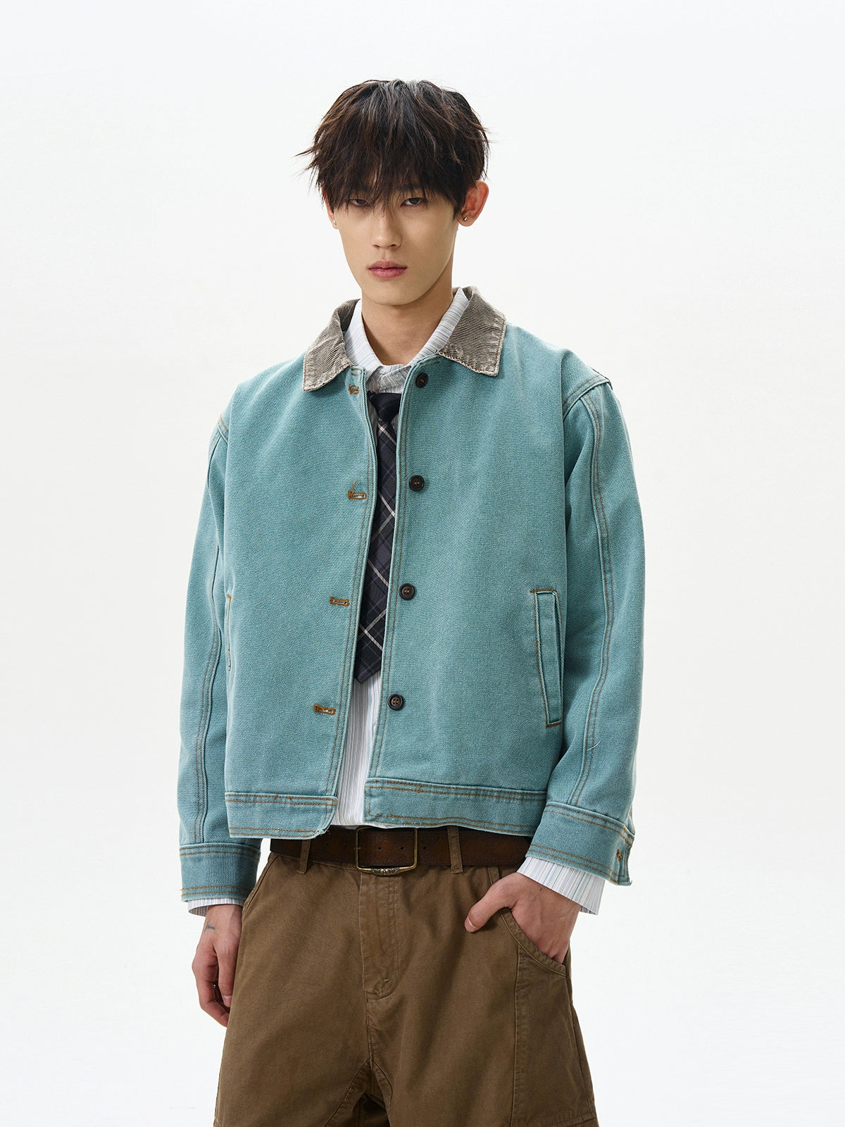 Contrast Collar Button-Up Mid Crop Worker Denim Jacket