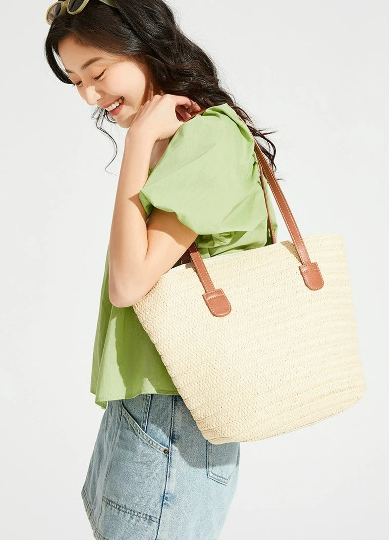 Woven Straw Tote Bag with Faux Leather Handles