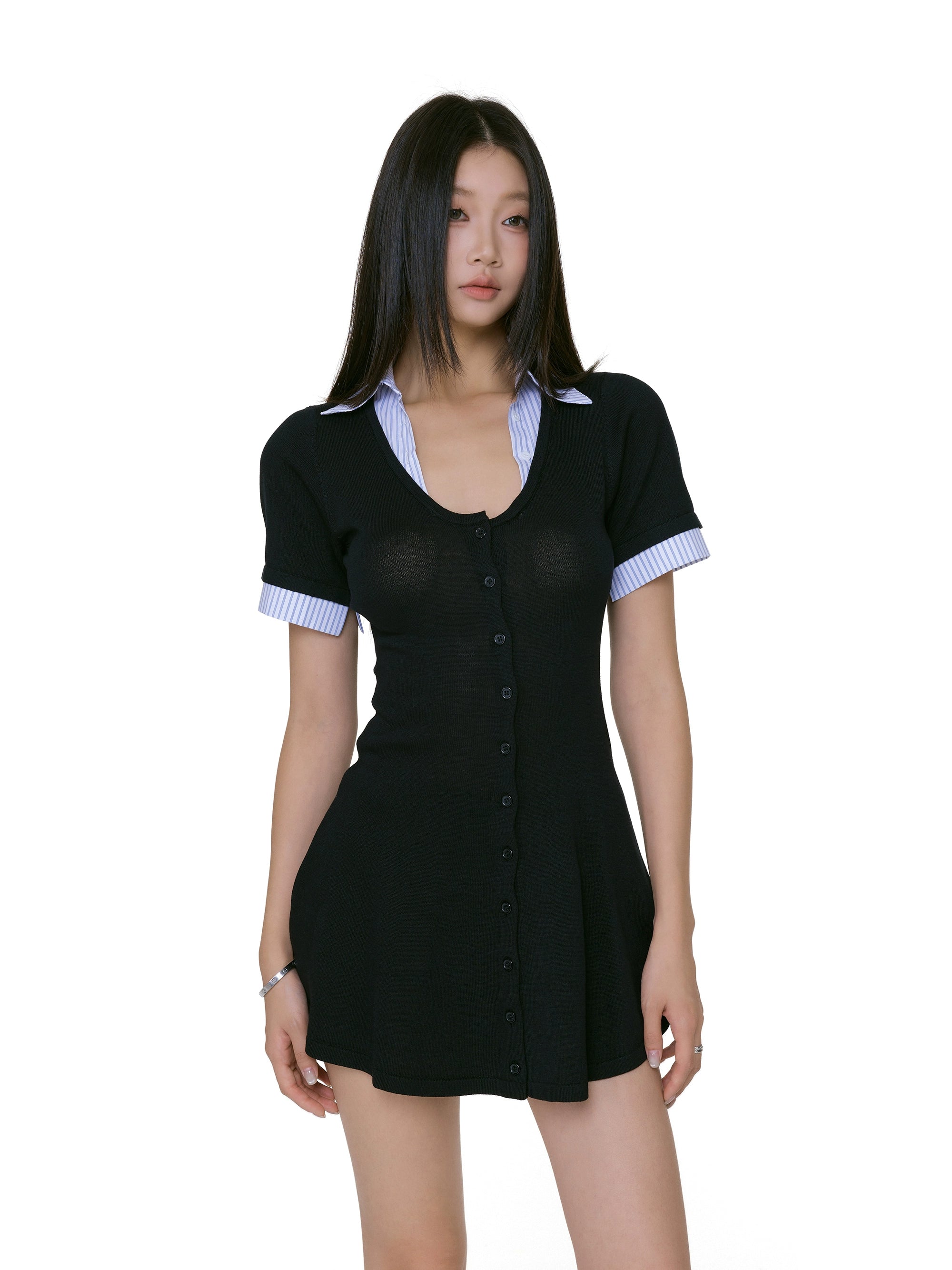 Contrast Stripe Trim Mock Layered Button Mini Dress