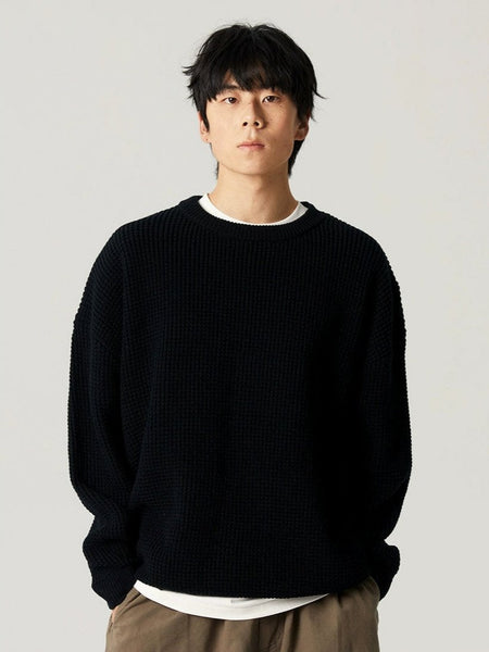 Oversized Crewneck Waffle-Weave Knit Sweater - nightcity clothing