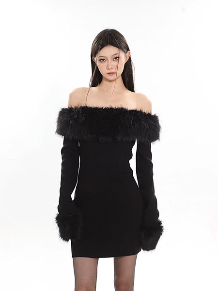 Off-Shoulder Faux Fur Trim Mini Dress – nightcity clothing