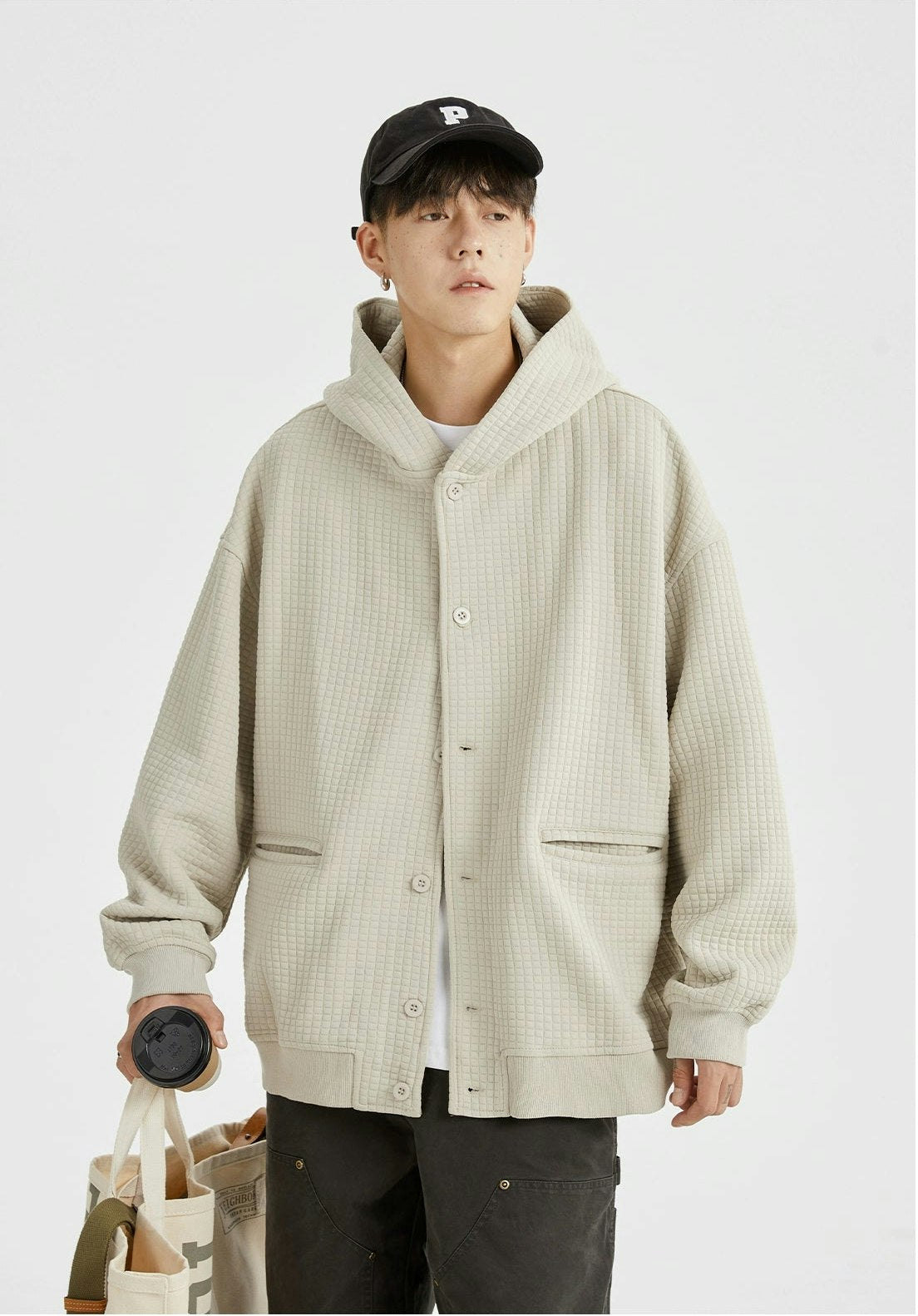 Oversized Waffle Texture Hooded Jacket with Snap Buttons