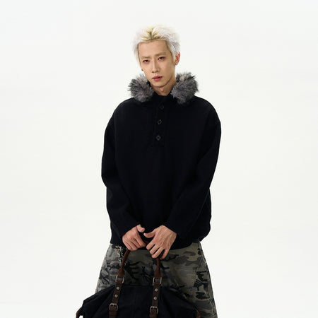 Fur Trim Hoodie Half Zip Knit Sweater