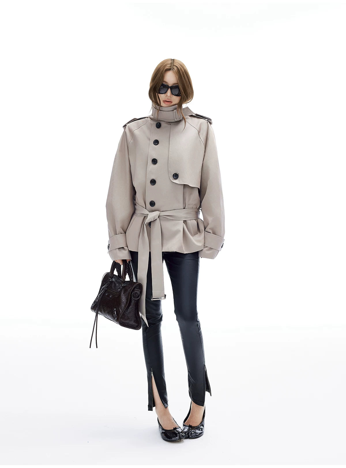 Oversized Mid-Crop Belted Trench Coat - nightcity clothing