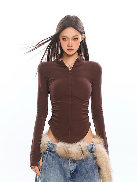 Skinny Zip Front Long Sleeve Collared Running Top