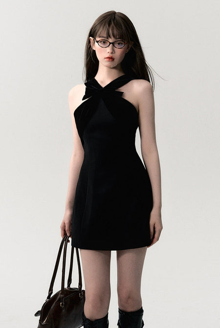 Sleeveless Mini Dress with Velvet Crisscross Neckline and Bow Detail - nightcity clothing