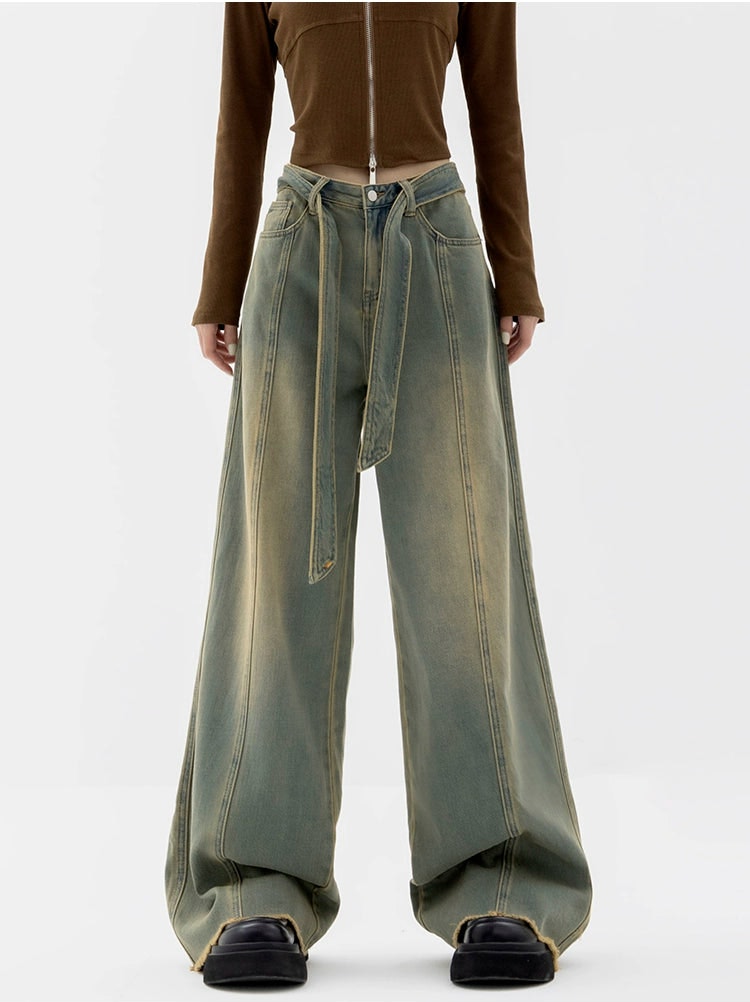 Faded Wide Leg Distressed Hem Belted Jeans