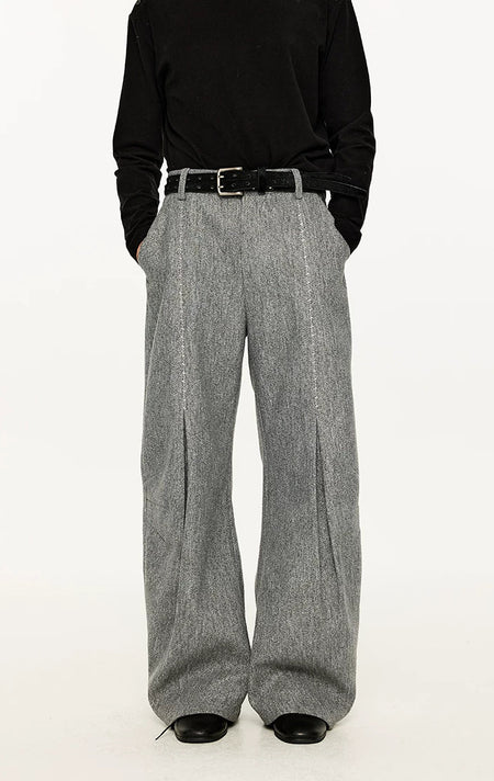 Wide Leg Half-Pleated and Half Contrast Stitch Trousers
