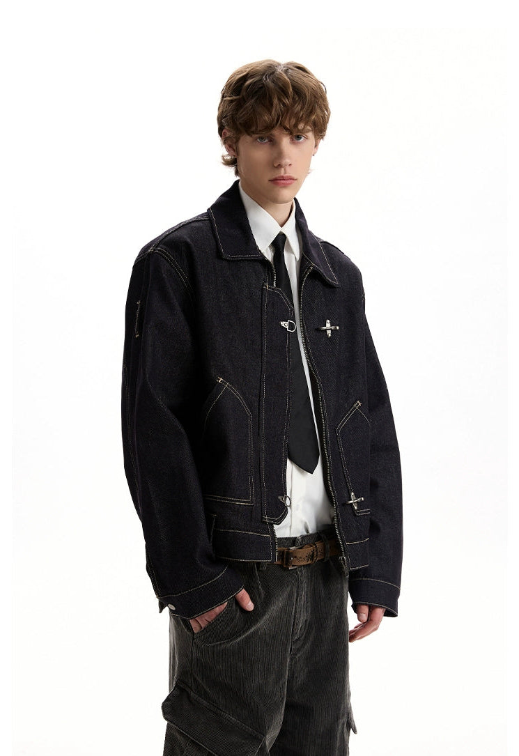 Fireman Clasp Contrast-Stitch Dark Wash Denim Zip Jacket