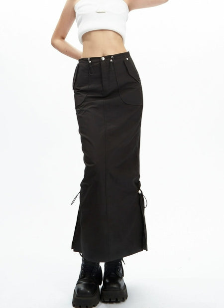 Adjustable Drawstring Midi Cargo Skirt