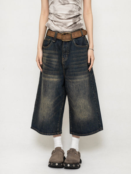 Wide-Leg Denim Bermuda Long Jorts with Faded Wash - nightcity clothing