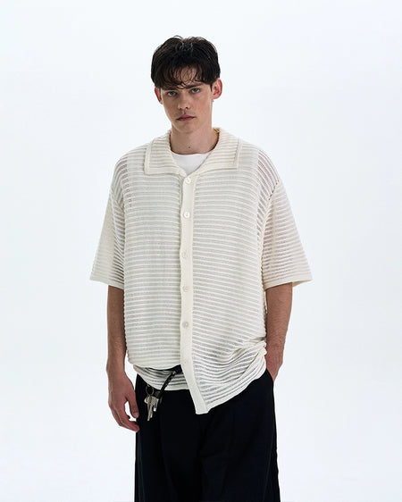 Textured Open Knit Button-Up Short Sleeve Shirt - nightcity clothing