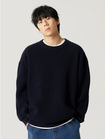 Oversized Crewneck Waffle-Weave Knit Sweater - nightcity clothing