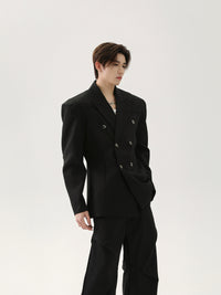 Structured Double-Breasted Blazer with Shoulder Pads and Wide Lapel