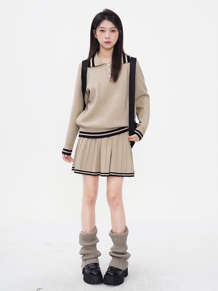 Contrast Trim Half Button Sweatshirt and Pleated Skirt Two-Piece Set