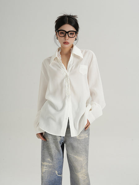 Lace Trim Button-Up Long Sleeve Blouse with Pocket