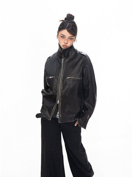 Vintage Faux Leather Stitch-Detail Jacket with Front Zip Pockets