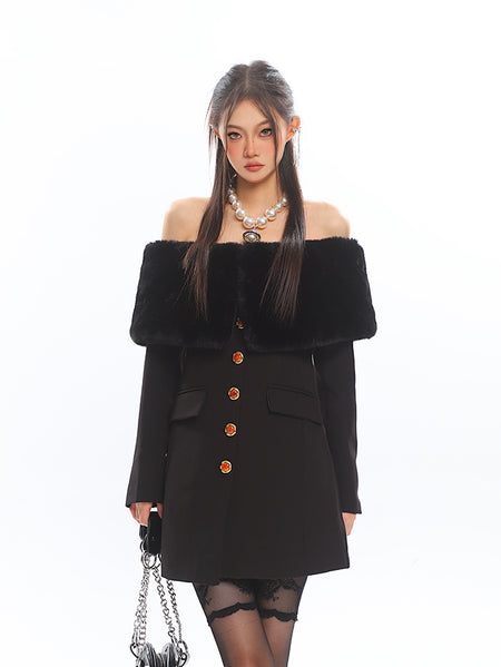 Off Shoulder Faux Fur Trim Long Sleeve Mini Dress