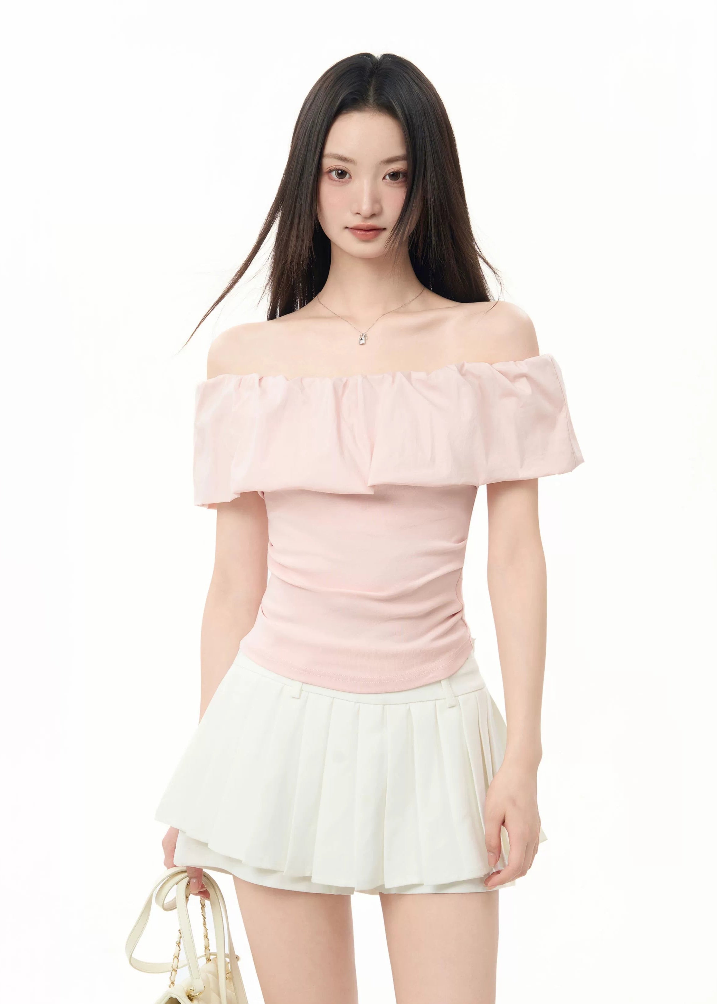 Ruffle Elastic Overlay Off-Shoulder Top