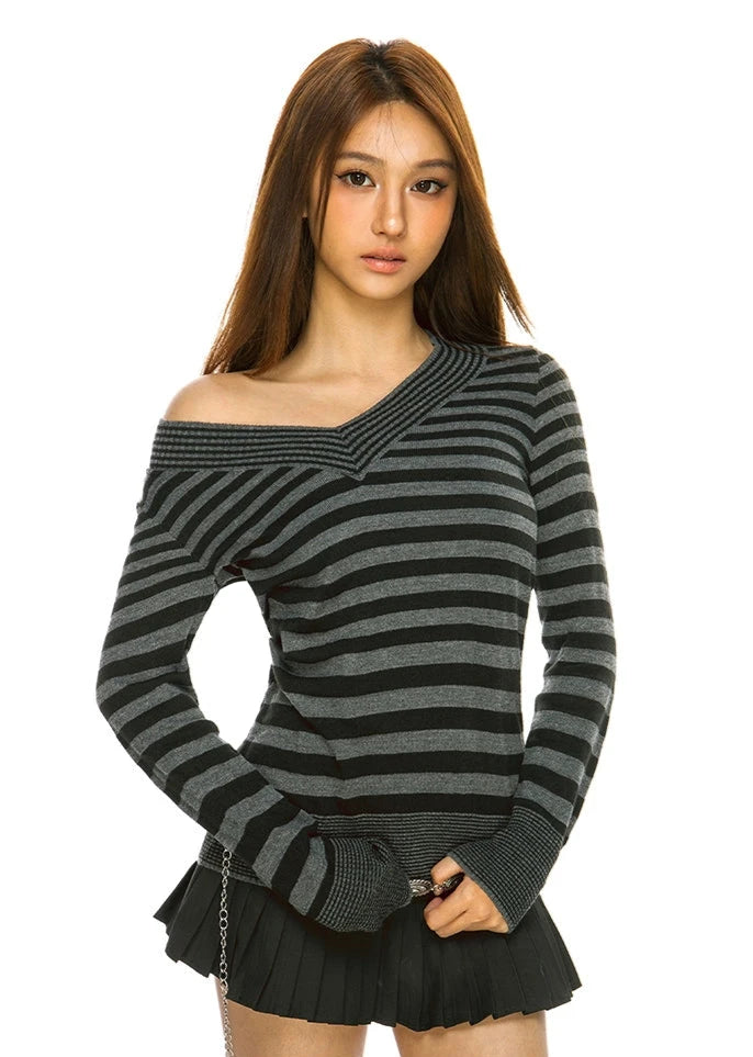 Stripe V-Neck Long Sleeve Sweater