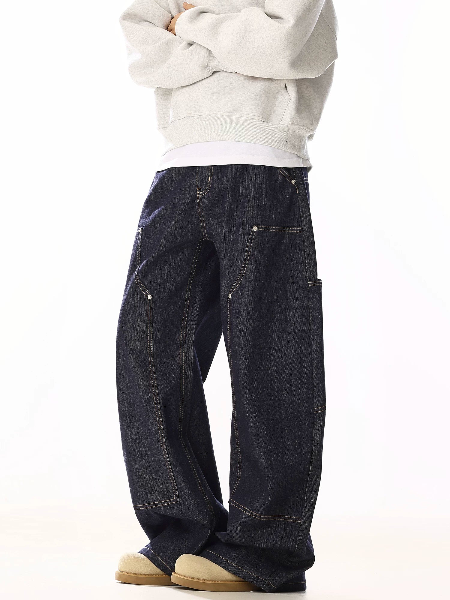 Rivet Detail Wide Leg Contrast Stitch Utility Jeans