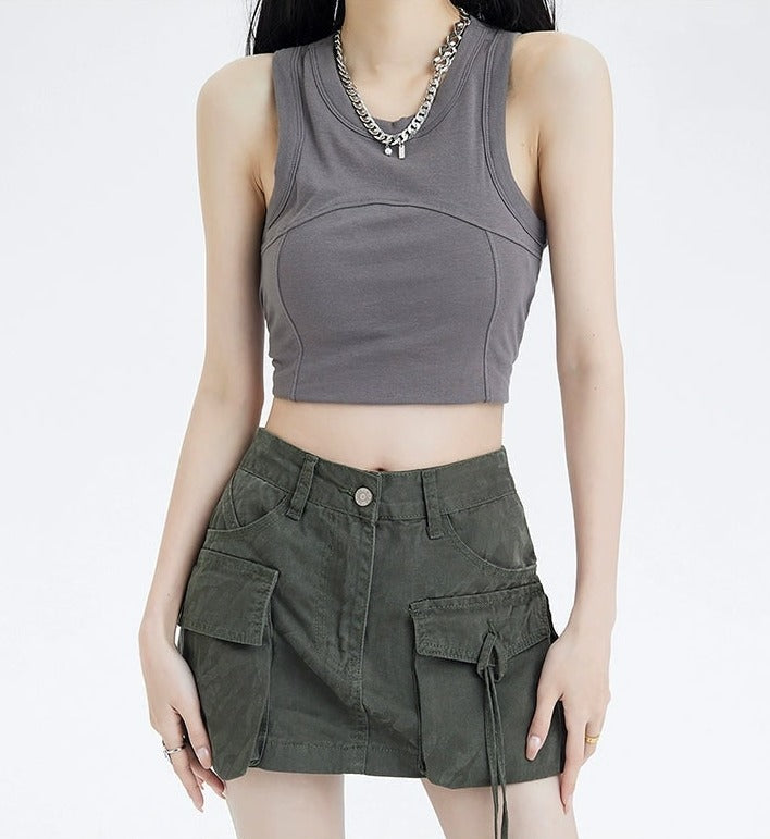 Cargo Pocket Drawstring Mini Skirt