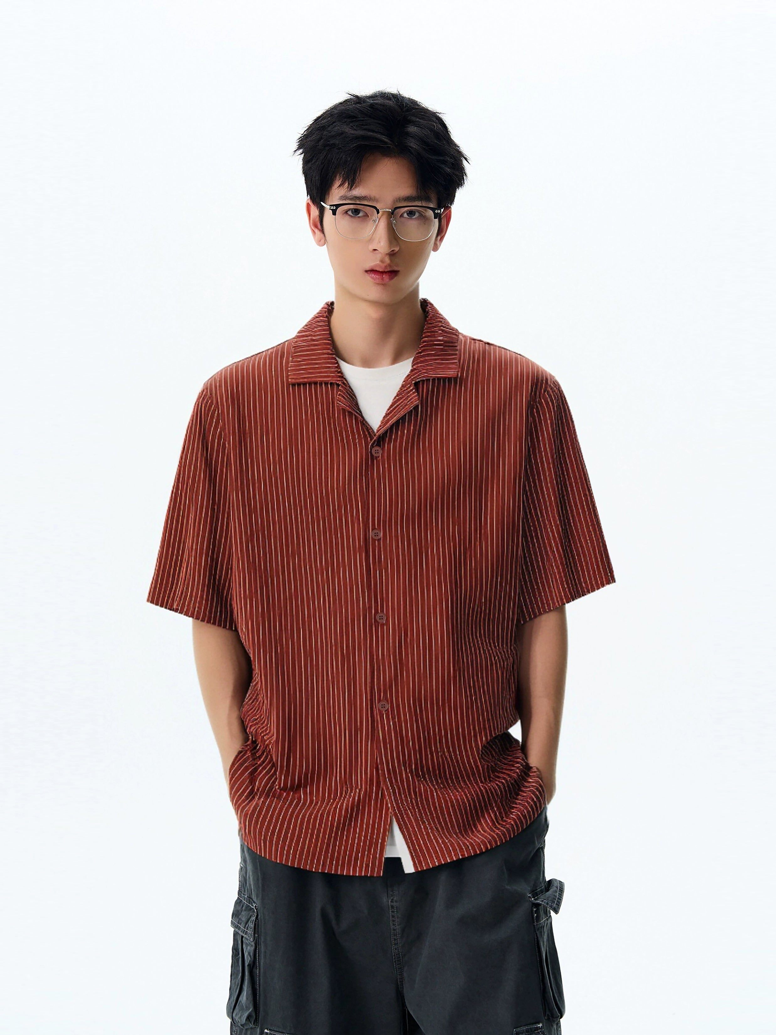Pinstripe Camp Collar Short Sleeve Button Shirt