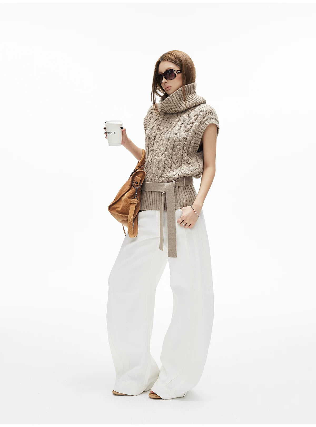 Cable Knit Turtleneck Sweater Vest with Belt - nightcity clothing