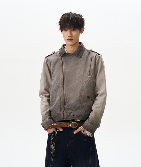 Gradient-Wash Faded Denim Biker Jacket - nightcity clothing