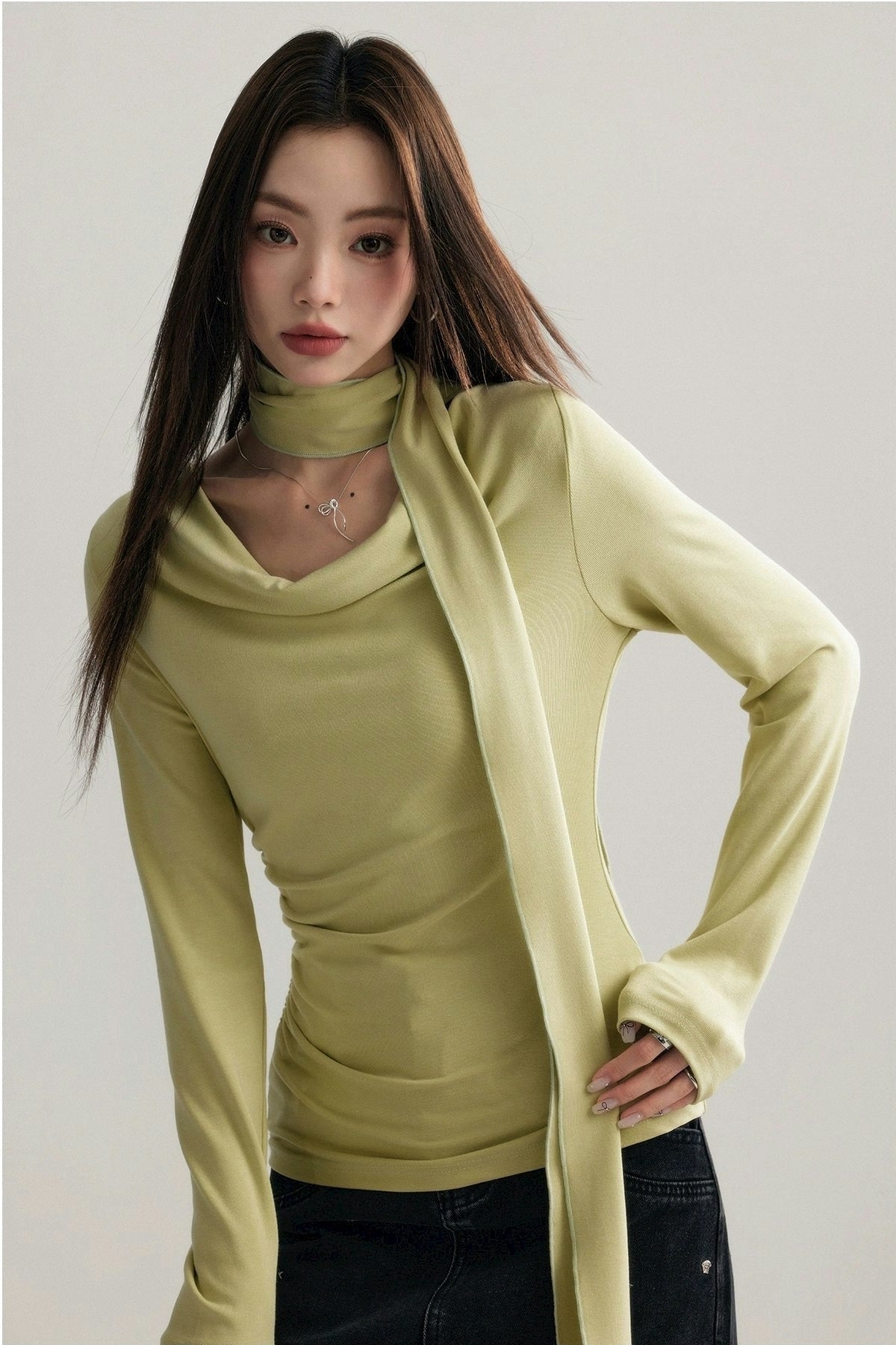 Asymmetrical Draped Neckline Long Sleeve Top with Scarf