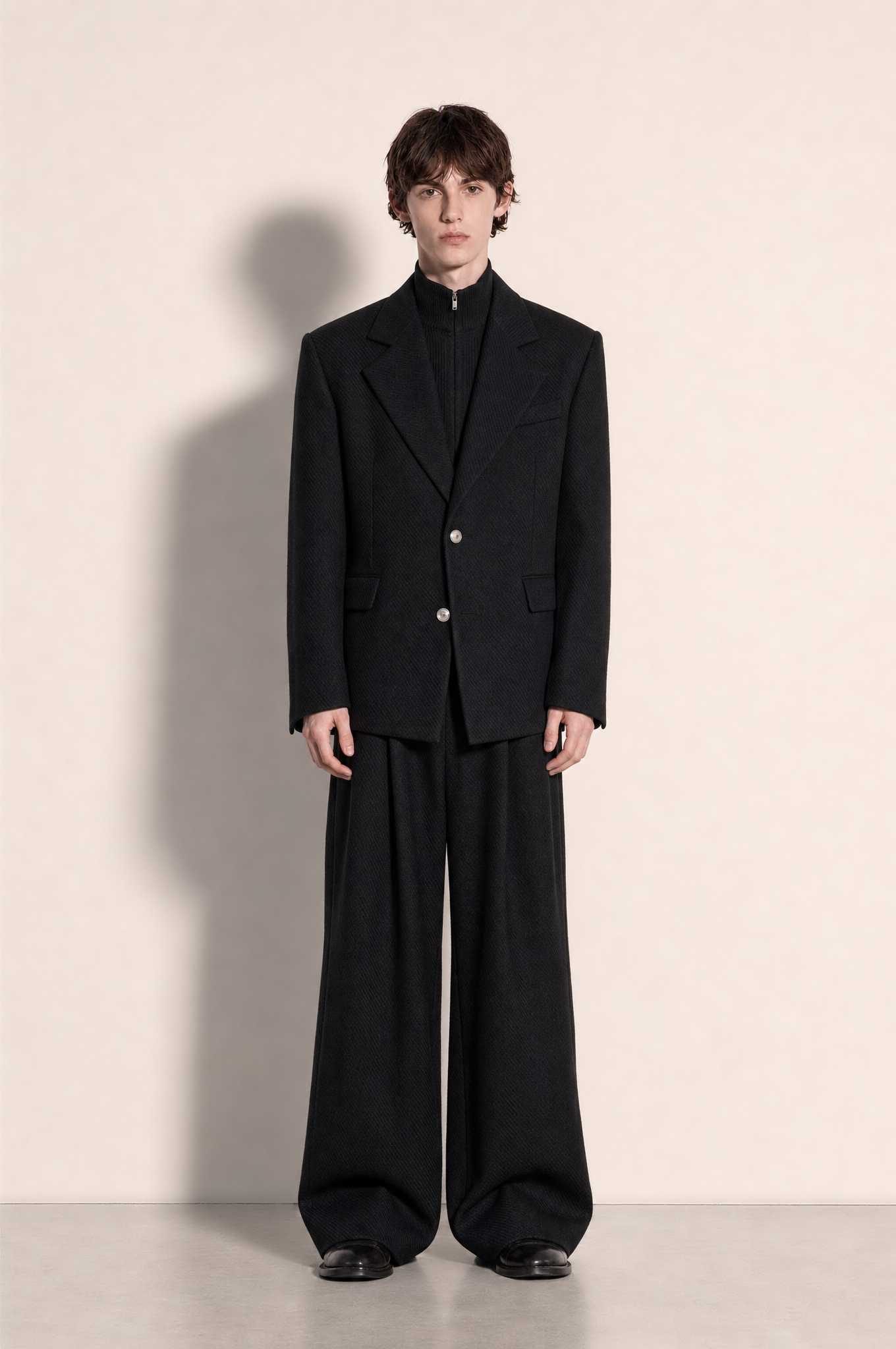 Boxy Hybrid Blazer and Wide Leg Trousers in Black – front view