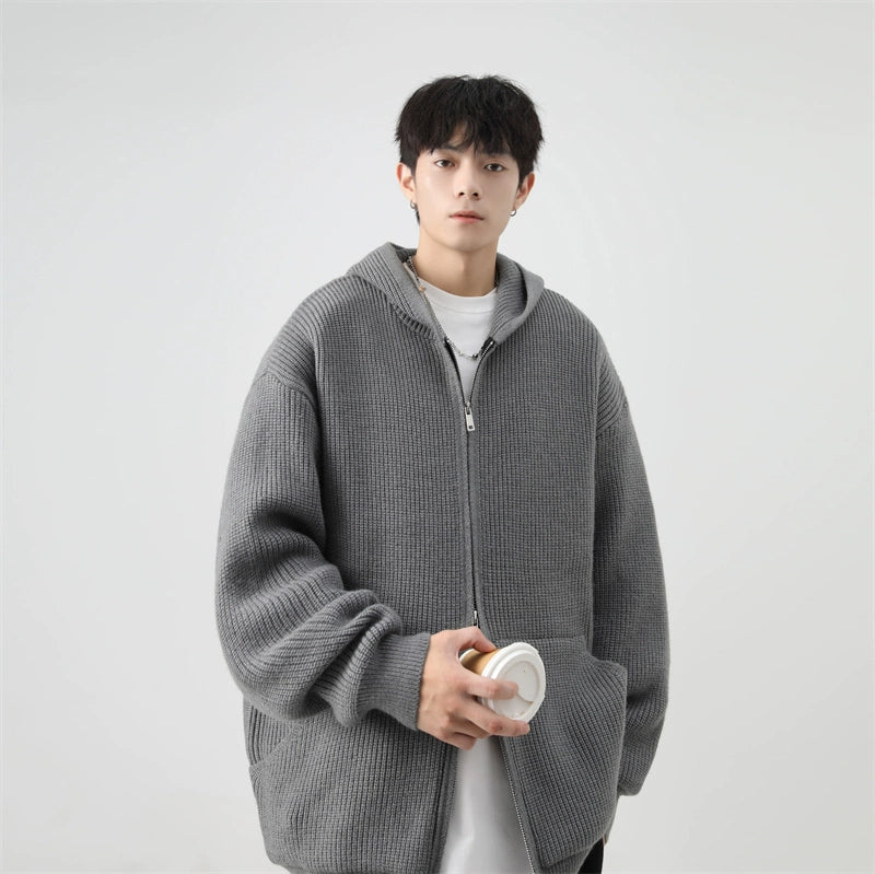 Ribbed Knit Zip-Up Hoodie with Oversized Pockets