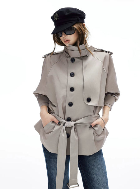 Oversized Mid-Crop Belted Trench Coat - nightcity clothing