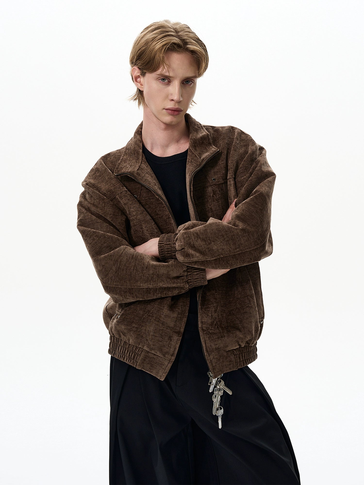 Oversized Panel Textured Zip-Up Elastic Trim Jacket