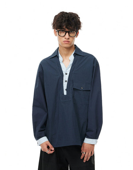 Mock Layered Popover Shirt with Button Neck