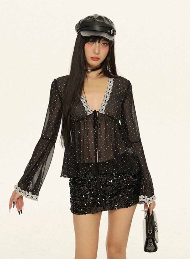 Sheer Polka Dot Lace Trim Flare Sleeve Top
