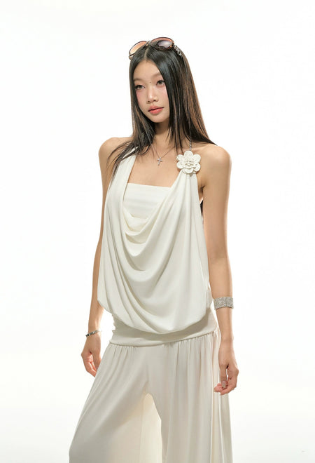 Asymmetric Link Chain Halter Neck Drape Top with Flower Applique