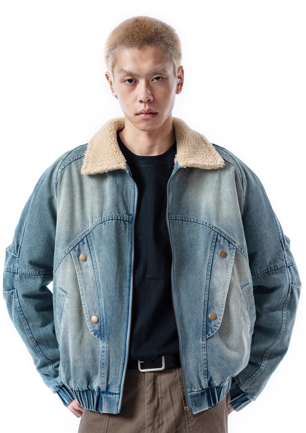 Shearling Lined Faded Denim Jacket with Stud Details