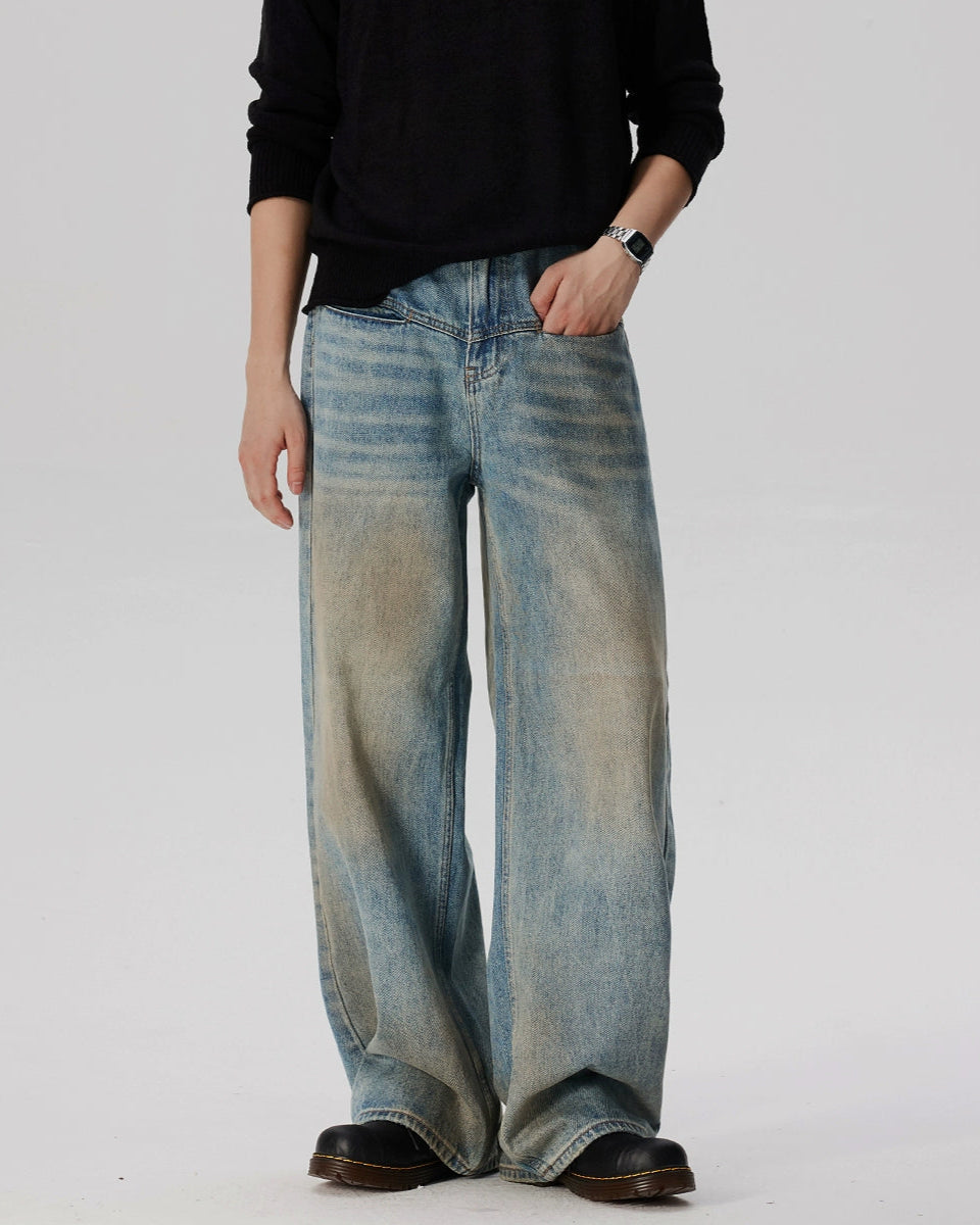 Faded Panelled Sandblast Wide Leg Jeans