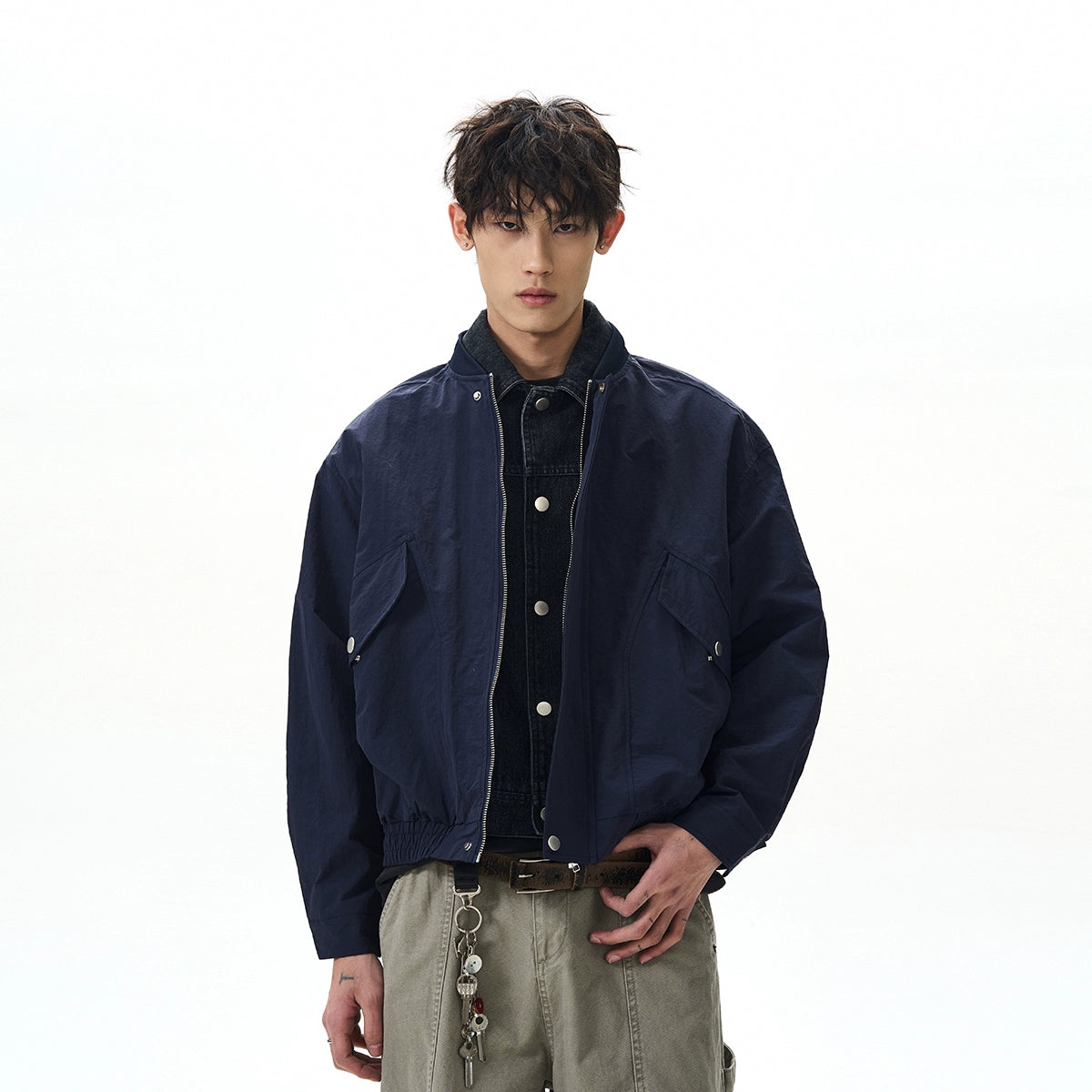 Mock Layered Zip Worker Denim Jacket with Utility Pockets