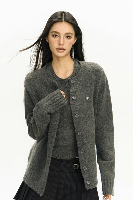 Ribbed Trim Slim Round-Neck Cardigan