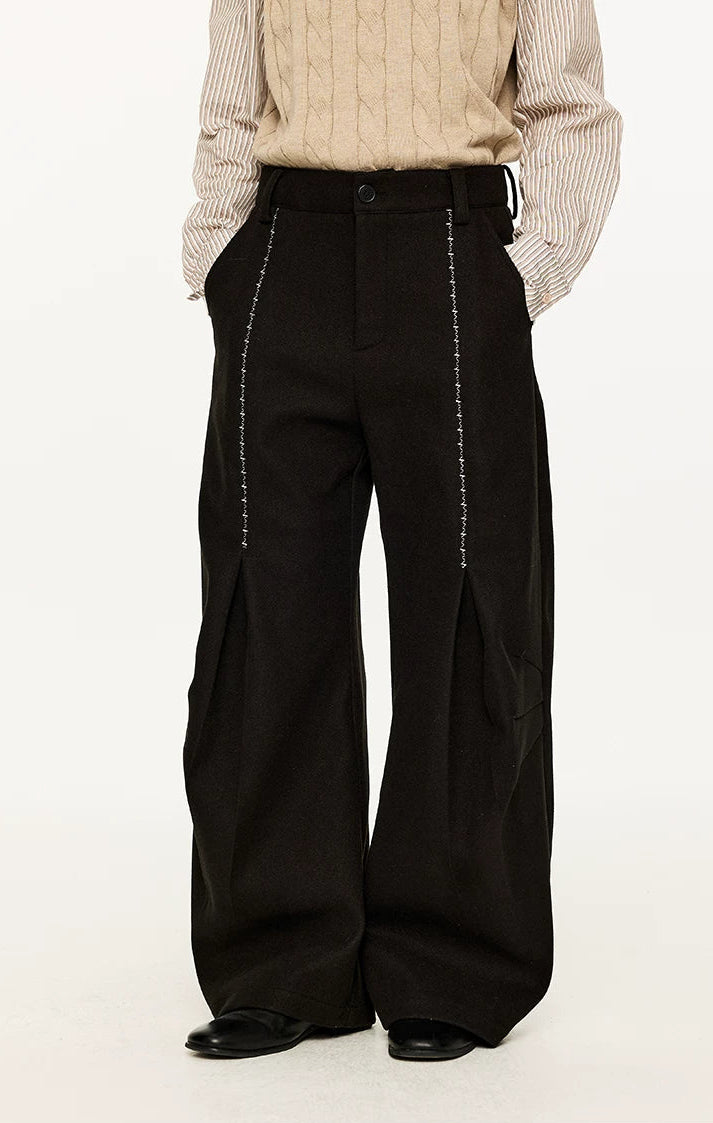 Wide Leg Half-Pleated and Half Contrast Stitch Trousers