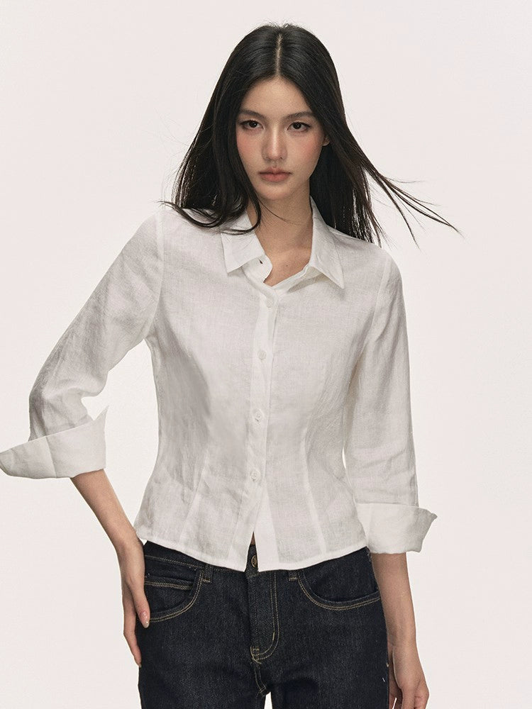 Linen Button-Up Collared Shirt with Cropped Sleeves
