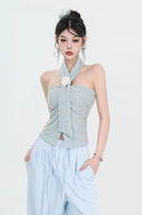 Tweed Halter Neck Twist Crop Top with Floral Applique