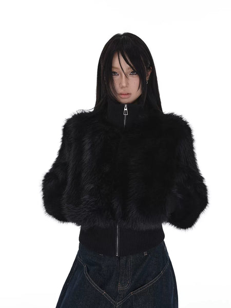 Faux Fur High-Neck Cropped Jacket - nightcity clothing